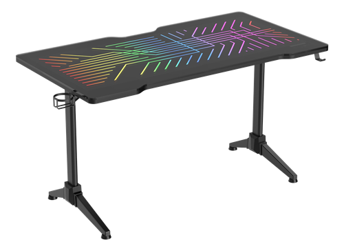DT420 RGB Gaming Desk, Tempered Glass, Cable Management, Cup & Headset Holder, Black