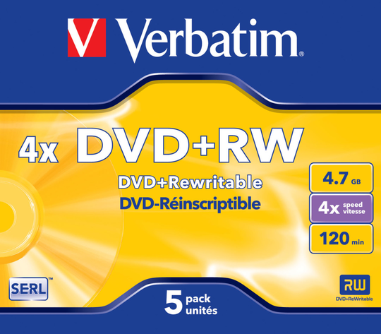 DVD+RW, 4x, 4.7 GB/120 Min, 5-pack Jewel Case, SERL
