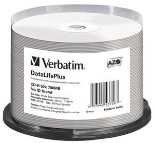 CD-R 52x700MB/80min 50-pack Wide Thermal Printable 23-118mm