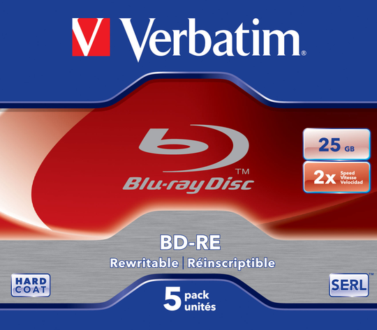 BD-RE, 2x, 25 GB/200 Min, 5-pack Jewel Case Hard Coat SERL