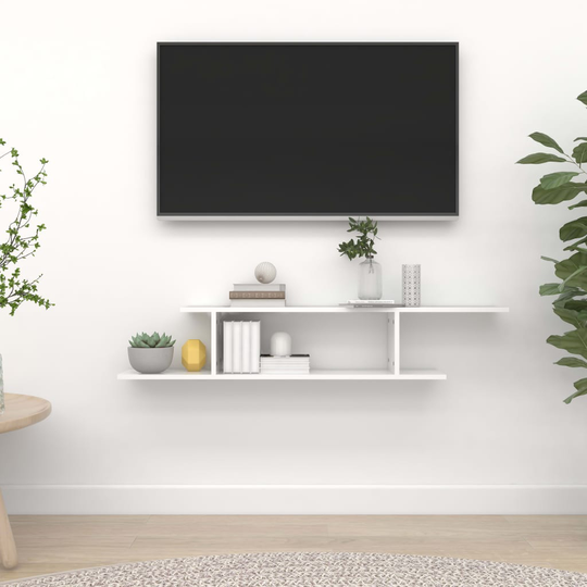 vidaXL Seinäkiinnitettävä TV-hylly korkeak. valk. 125x18x23 cm levy