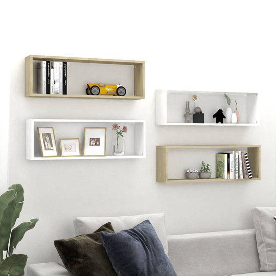 vidaXL Kuutioseinähyllyt 4 kpl valk. ja tammi 80x15x26,5 cm lastulevy